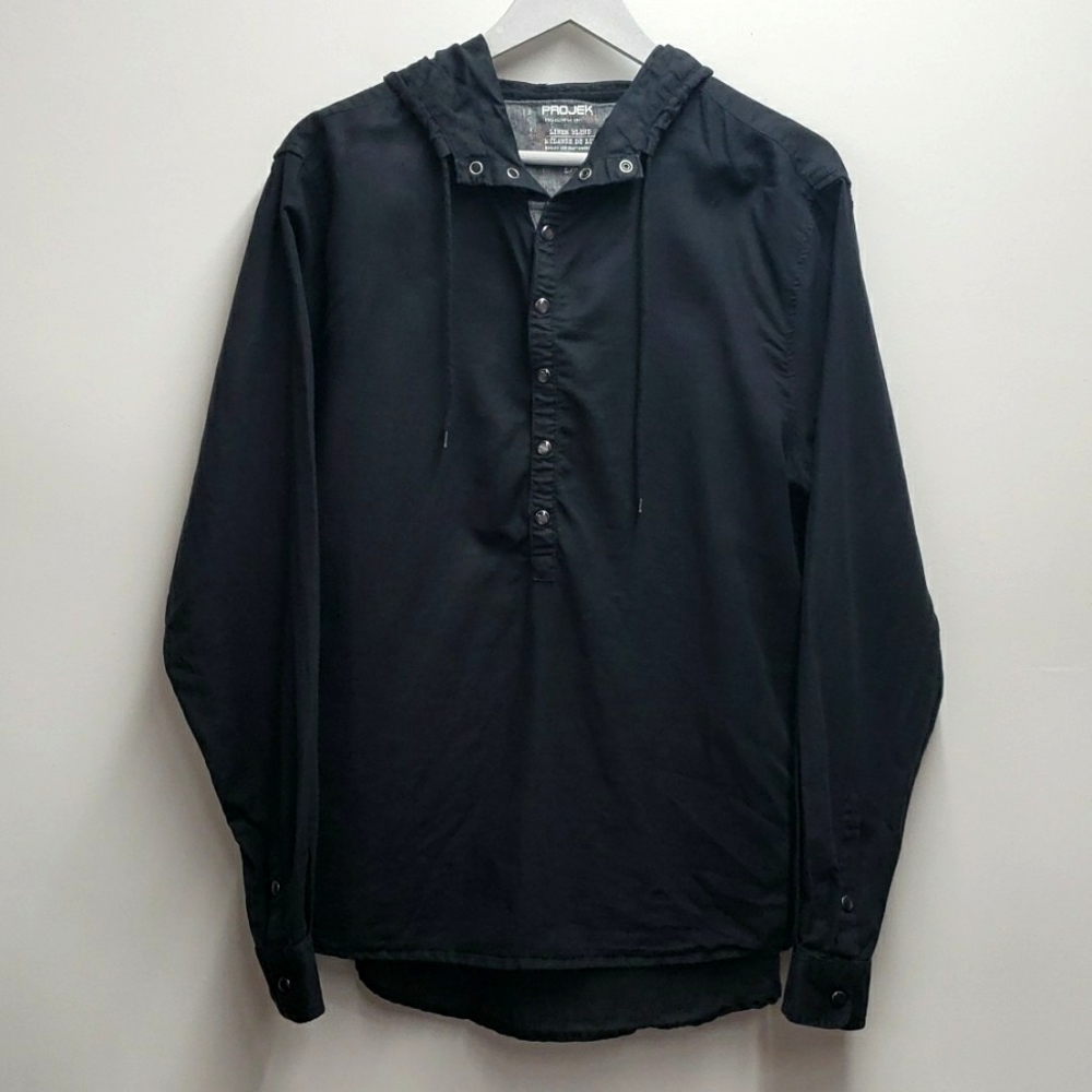 Projek Linen Cotton Hooded Henley Long Sleeve Men's Size Large Black